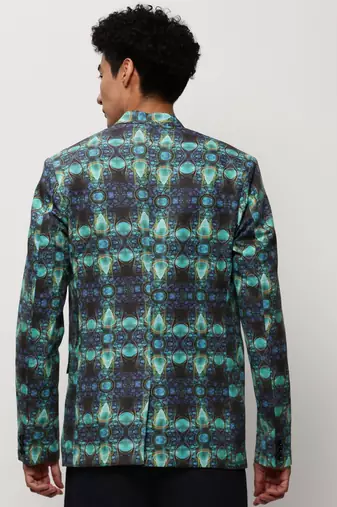 Men's Notched Lapel Printed Turquoise Blue Single-Breasted Blazer