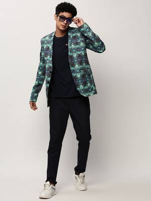 Men's Notched Lapel Printed Turquoise Blue Single-Breasted Blazer 5