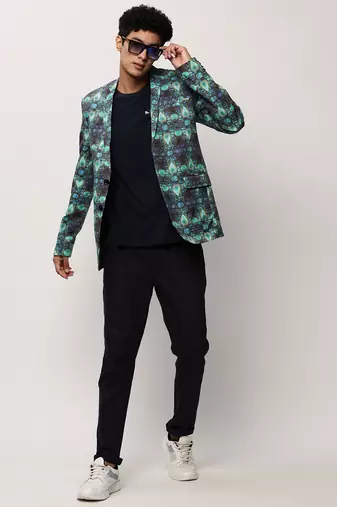 Men's Notched Lapel Printed Turquoise Blue Single-Breasted Blazer