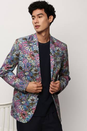 SHOWOFF Men's Notched Lapel Printed Multi Single-Breasted Blazer