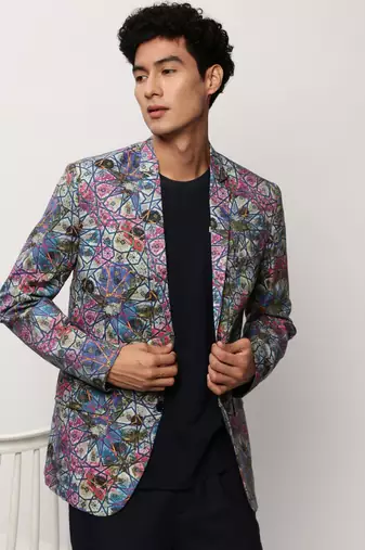 SHOWOFF Men's Notched Lapel Printed Multi Single-Breasted Blazer