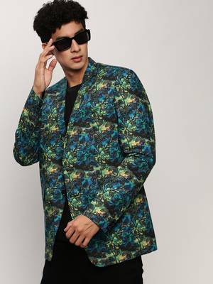 Men's Notched Lapel Printed Blue Single-Breasted Blazer 1