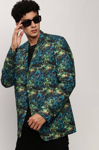 Men's Notched Lapel Printed Blue Single-Breasted Blazer