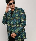 Men's Notched Lapel Printed Blue Single-Breasted Blazer