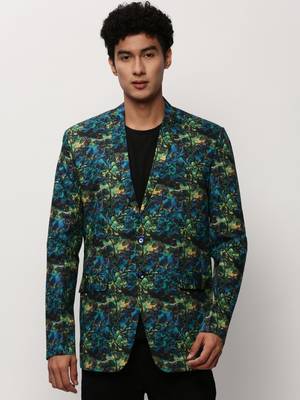 Men's Notched Lapel Printed Blue Single-Breasted Blazer 2