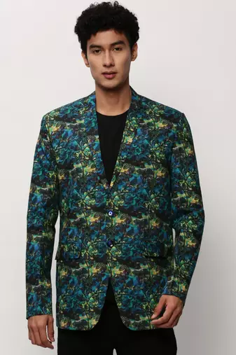Men's Notched Lapel Printed Blue Single-Breasted Blazer