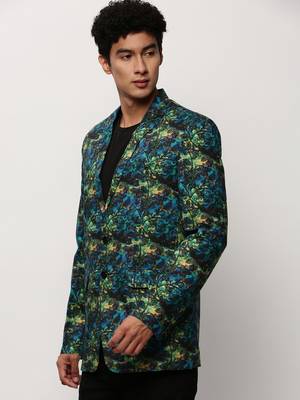 Men's Notched Lapel Printed Blue Single-Breasted Blazer 3