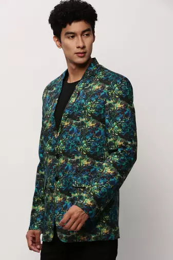 Men's Notched Lapel Printed Blue Single-Breasted Blazer
