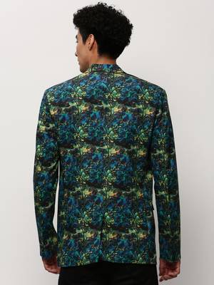 Men's Notched Lapel Printed Blue Single-Breasted Blazer 4