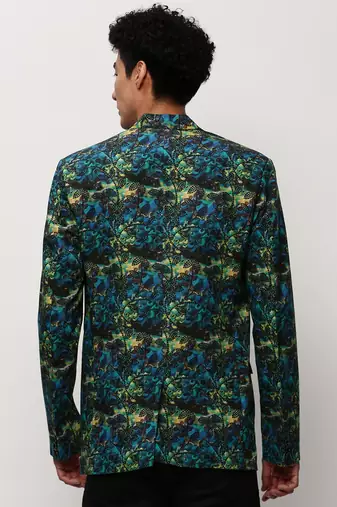Men's Notched Lapel Printed Blue Single-Breasted Blazer