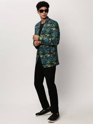 Men's Notched Lapel Printed Blue Single-Breasted Blazer 5