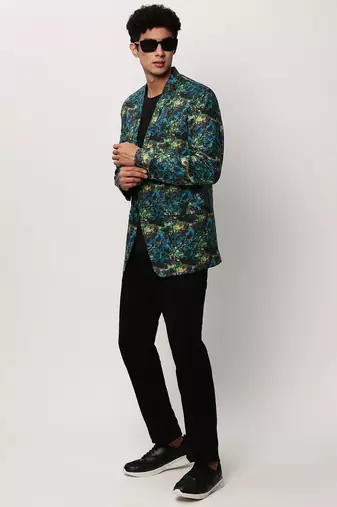 Men's Notched Lapel Printed Blue Single-Breasted Blazer