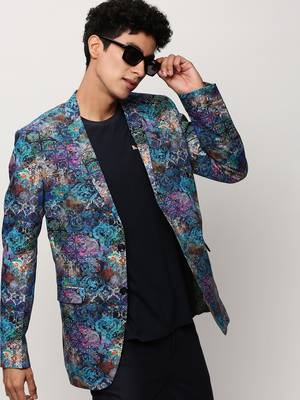 SHOWOFF Men's Notched Lapel Printed Blue Single-Breasted Blazer 1