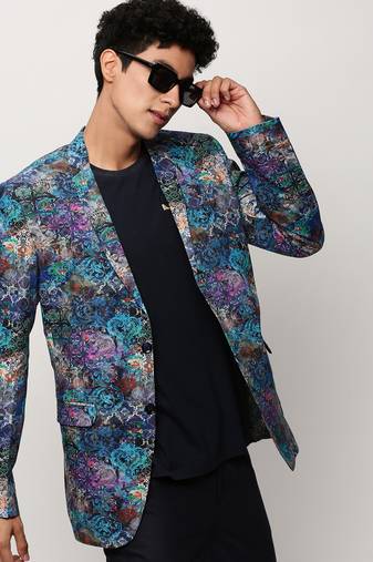 SHOWOFF Men's Notched Lapel Printed Blue Single-Breasted Blazer