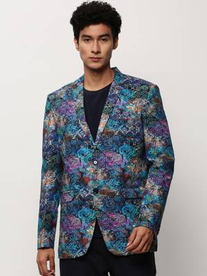 SHOWOFF Men's Notched Lapel Printed Blue Single-Breasted Blazer 2