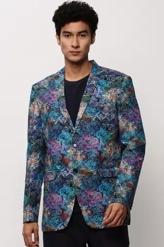 SHOWOFF Men's Notched Lapel Printed Blue Single-Breasted Blazer