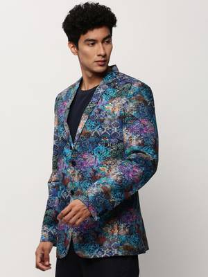 SHOWOFF Men's Notched Lapel Printed Blue Single-Breasted Blazer 3