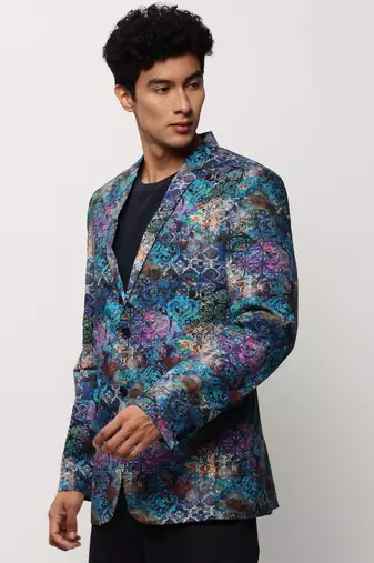 SHOWOFF Men's Notched Lapel Printed Blue Single-Breasted Blazer