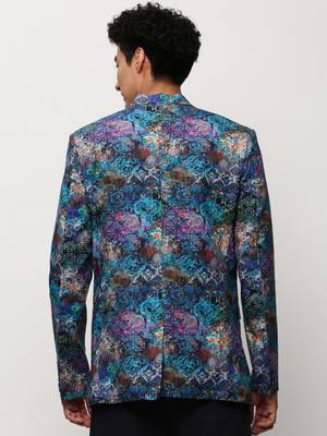 SHOWOFF Men's Notched Lapel Printed Blue Single-Breasted Blazer 4