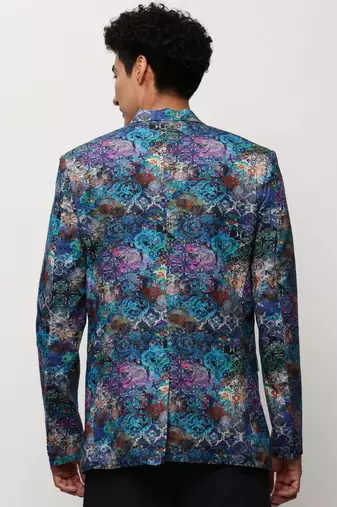 SHOWOFF Men's Notched Lapel Printed Blue Single-Breasted Blazer