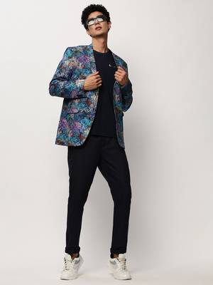 SHOWOFF Men's Notched Lapel Printed Blue Single-Breasted Blazer 5