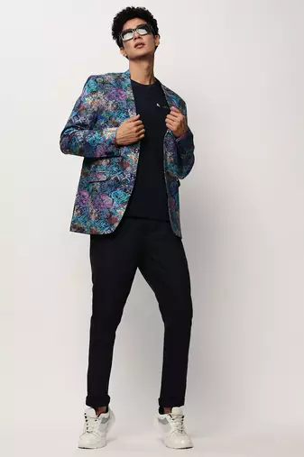 SHOWOFF Men's Notched Lapel Printed Blue Single-Breasted Blazer
