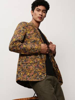 Men's Notched Lapel Printed Mustard Single-Breasted Blazer 1