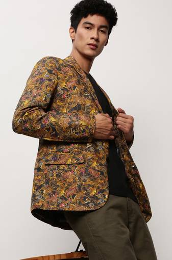 Men's Notched Lapel Printed Mustard Single-Breasted Blazer