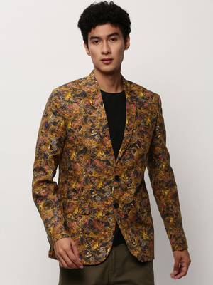 Men's Notched Lapel Printed Mustard Single-Breasted Blazer 2