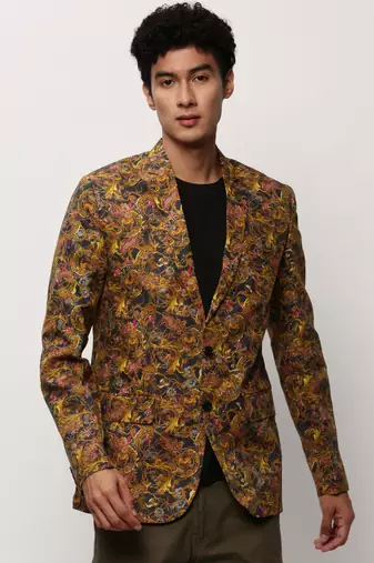 Men's Notched Lapel Printed Mustard Single-Breasted Blazer