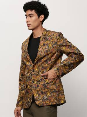 Men's Notched Lapel Printed Mustard Single-Breasted Blazer 3