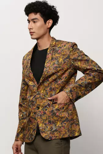 Men's Notched Lapel Printed Mustard Single-Breasted Blazer