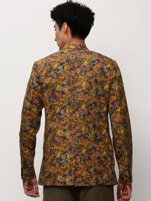 Men's Notched Lapel Printed Mustard Single-Breasted Blazer 4