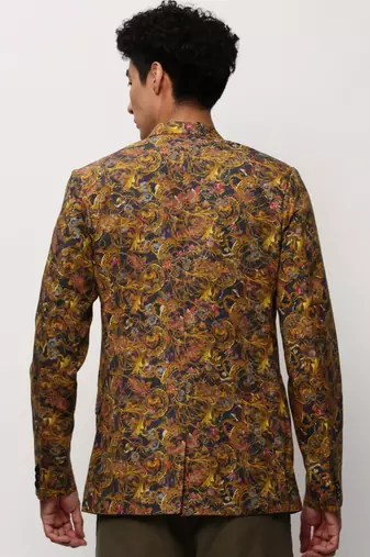 Men's Notched Lapel Printed Mustard Single-Breasted Blazer