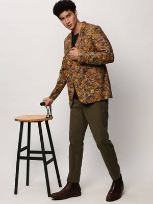 Men's Notched Lapel Printed Mustard Single-Breasted Blazer 5