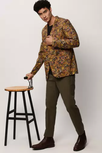 Men's Notched Lapel Printed Mustard Single-Breasted Blazer