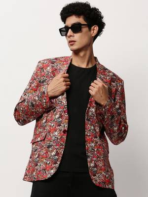 Men's Notched Lapel Printed Rust Single-Breasted Blazer 1