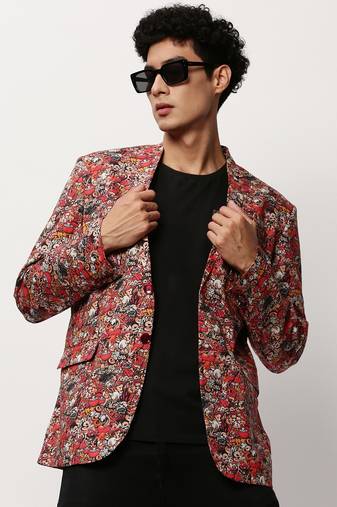 Men's Notched Lapel Printed Rust Single-Breasted Blazer