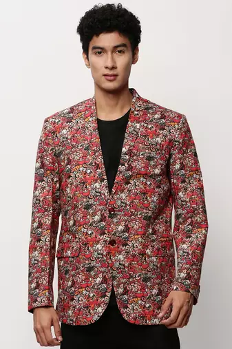 Men's Notched Lapel Printed Rust Single-Breasted Blazer