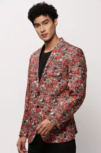Men's Notched Lapel Printed Rust Single-Breasted Blazer