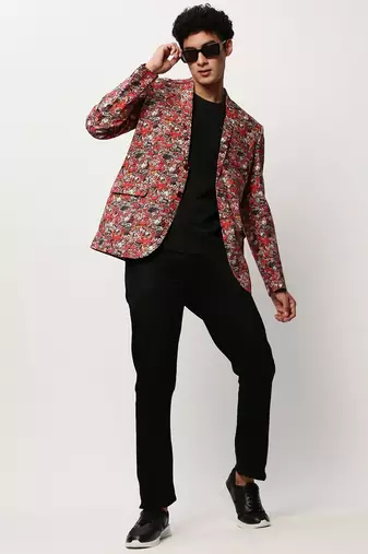 Men's Notched Lapel Printed Rust Single-Breasted Blazer