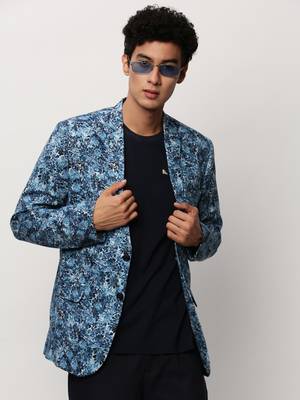 SHOWOFF Men's Notched Lapel Printed Blue Single-Breasted Blazer 1