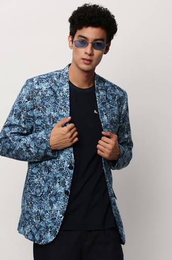 SHOWOFF Men's Notched Lapel Printed Blue Single-Breasted Blazer