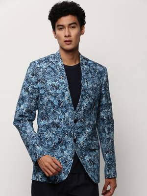 SHOWOFF Men's Notched Lapel Printed Blue Single-Breasted Blazer 2