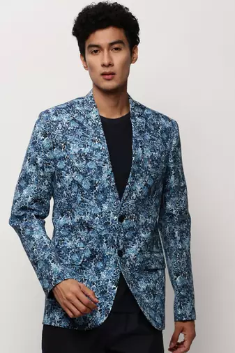 SHOWOFF Men's Notched Lapel Printed Blue Single-Breasted Blazer