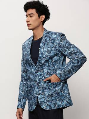SHOWOFF Men's Notched Lapel Printed Blue Single-Breasted Blazer 3