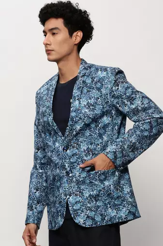 SHOWOFF Men's Notched Lapel Printed Blue Single-Breasted Blazer