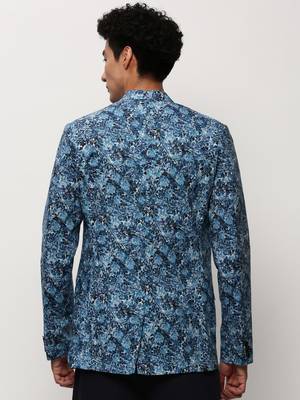 SHOWOFF Men's Notched Lapel Printed Blue Single-Breasted Blazer 4