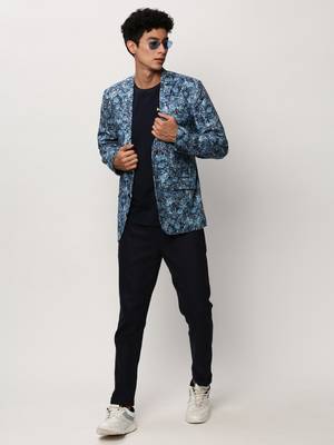 SHOWOFF Men's Notched Lapel Printed Blue Single-Breasted Blazer 5