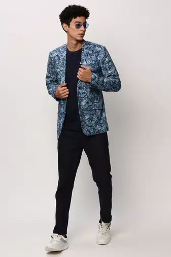 SHOWOFF Men's Notched Lapel Printed Blue Single-Breasted Blazer